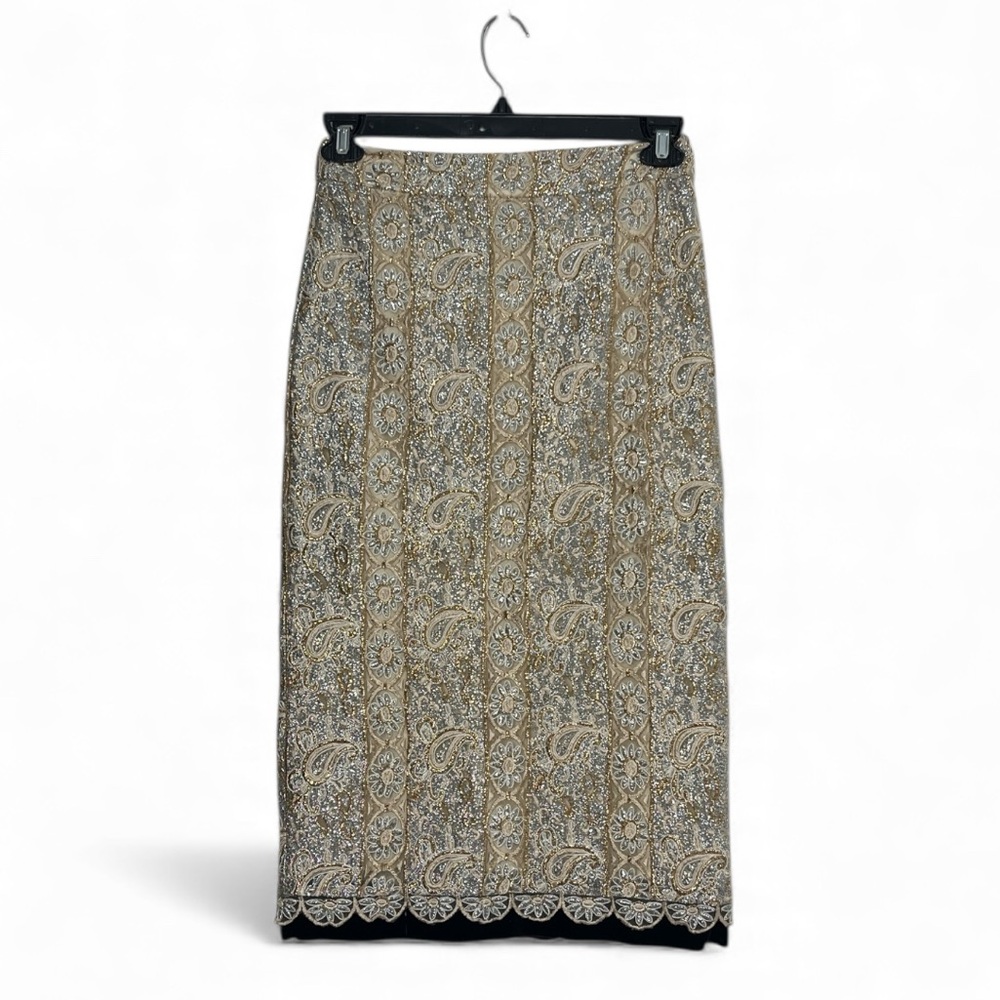 TOPSHOP Metallic Gold Silver Paisley Midi Skirt Sz 6